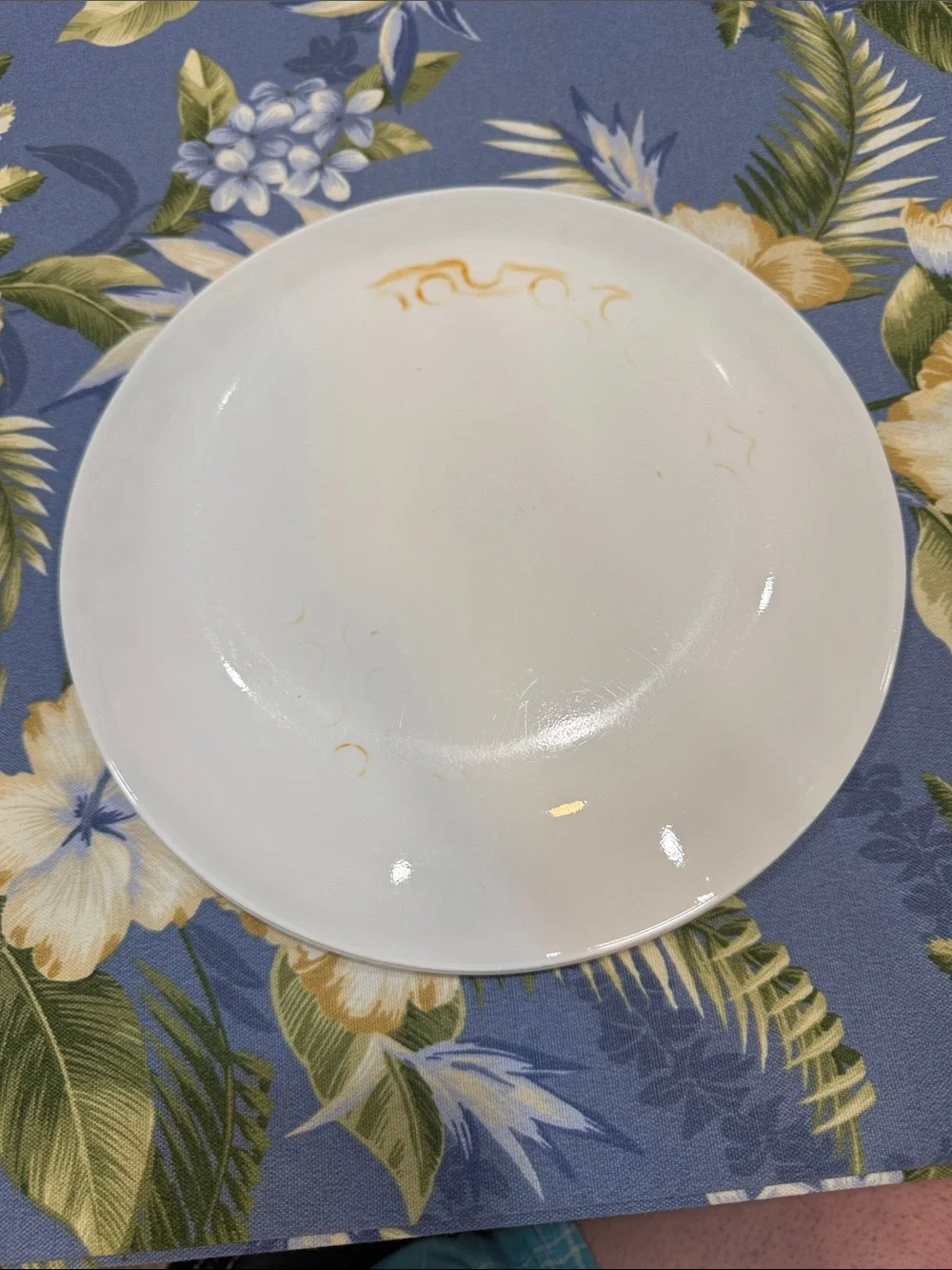 Four Corelle White Dinner Plates with Apricot pattern